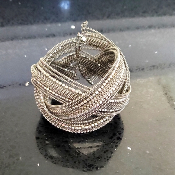 Vintage Silver Metal Memory Wire Braided Beaded Cuff Bracelet - Picture 2 of 5
